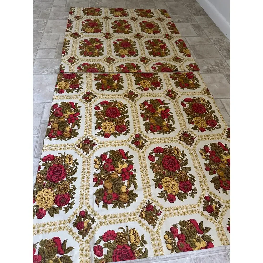 1970s Floral Fruit Medallion Small Cafe Kitchen Curtains Set of 2 Tiers
